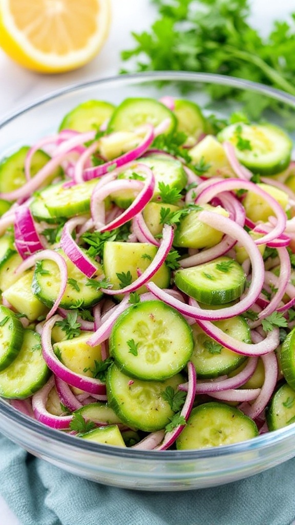 A refreshing cucumber salad with slices of cucumbers, red onions, and parsley in a glass bowl, garnished with lemon.